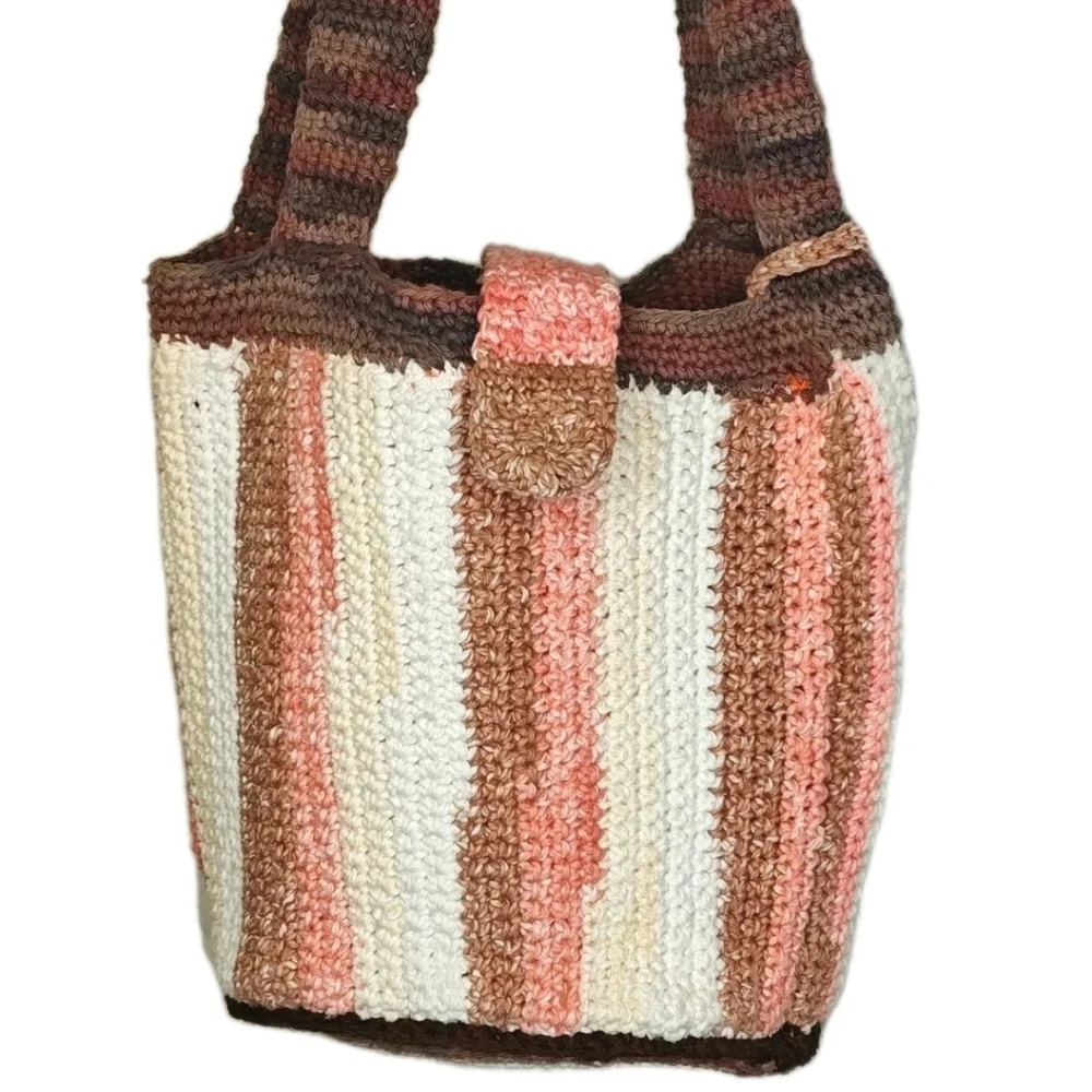 Hippie Boho Hand Crocheted Earthy Striped Bucket Purse W/ Coin Purse Homemade